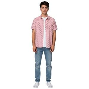 Molokai Surf Co Mens Pink Pineapple Print Short Sleeve Button Down Shirt Medium